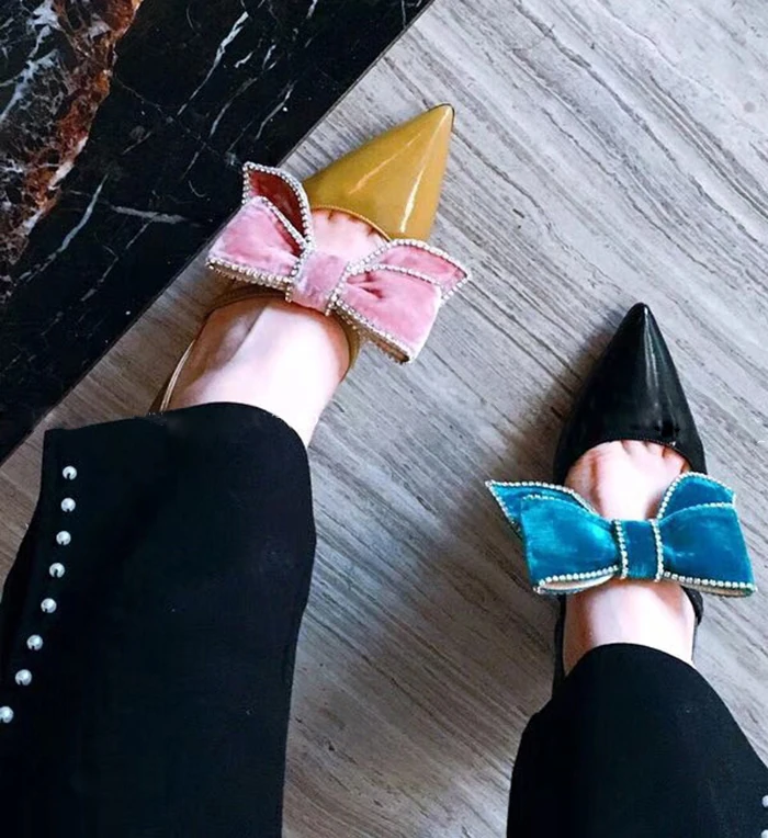 

Glitter Rhinestone Lacework Big Velvet Bowtie Elastic Pumps Women Sexy Pointed toe Patent Leather Cone High Heels Fashion Shoes