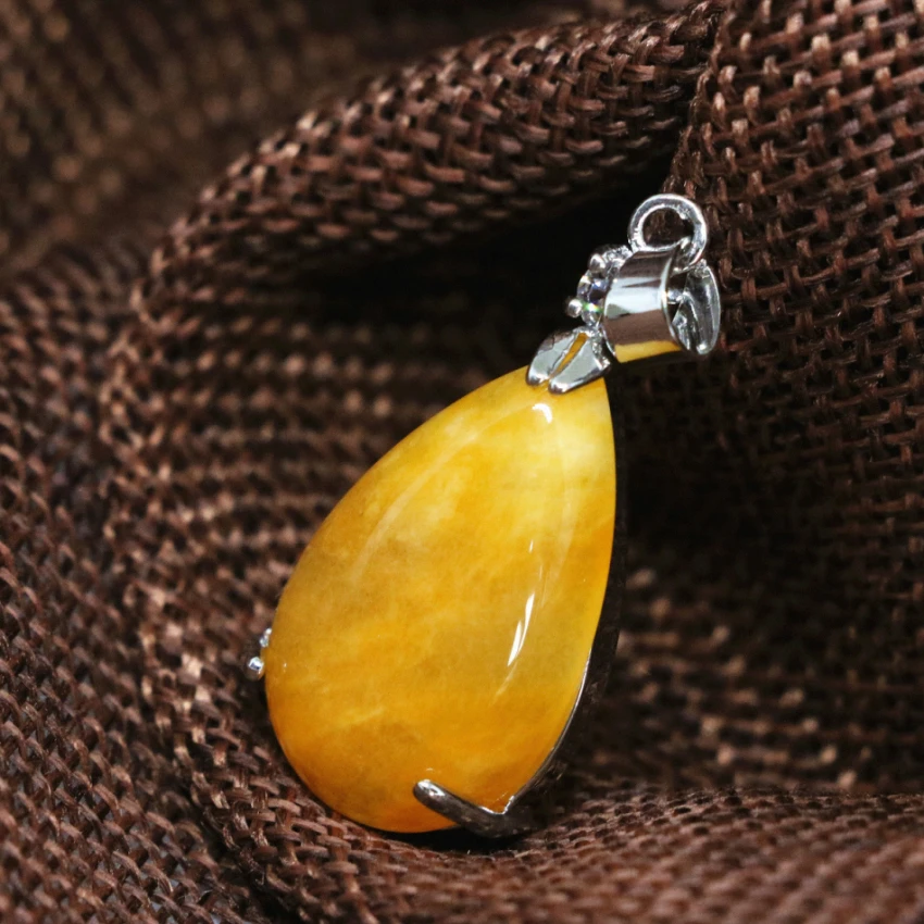 Special design teardrop yellow jades stone beads pendant charms women elegant accessories silver plated jewelry 16*31mm B1850