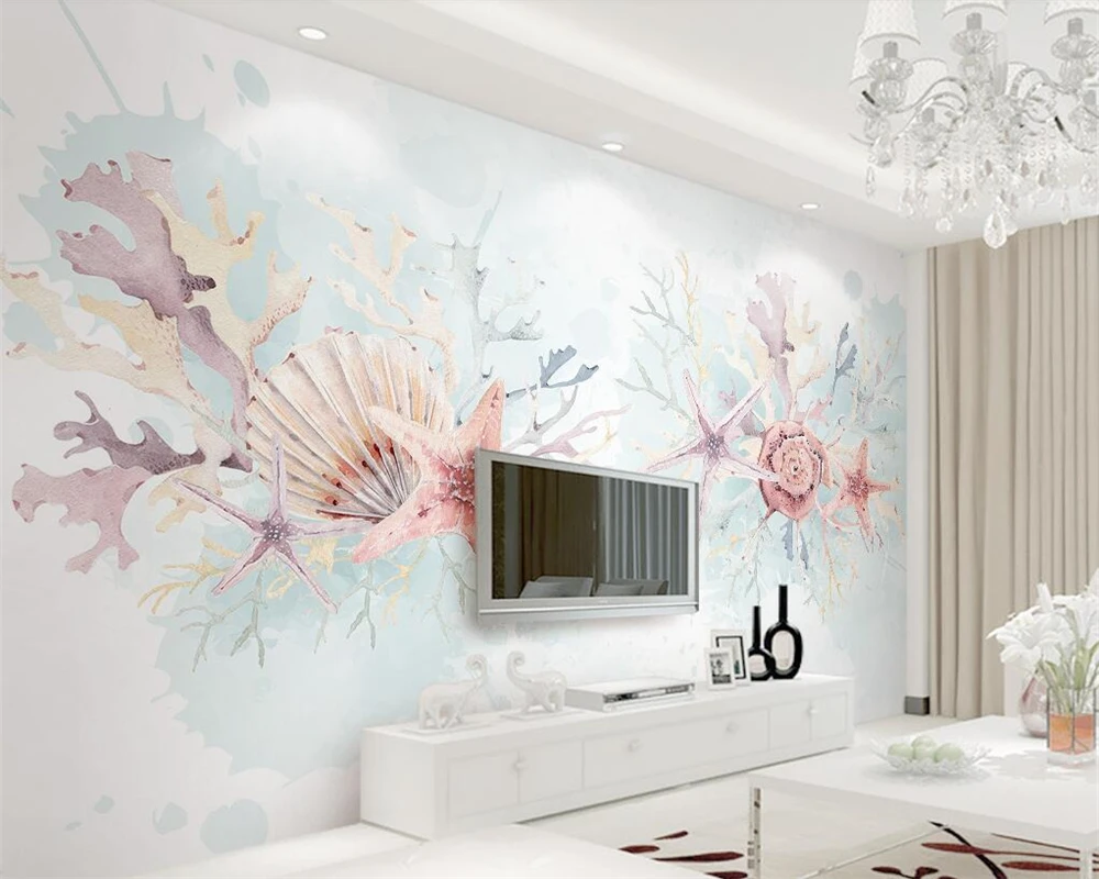 

Beibehang Custom wallpaper fresh starfish coral shell hand painted watercolor Mediterranean TV background murals 3d wallpaper