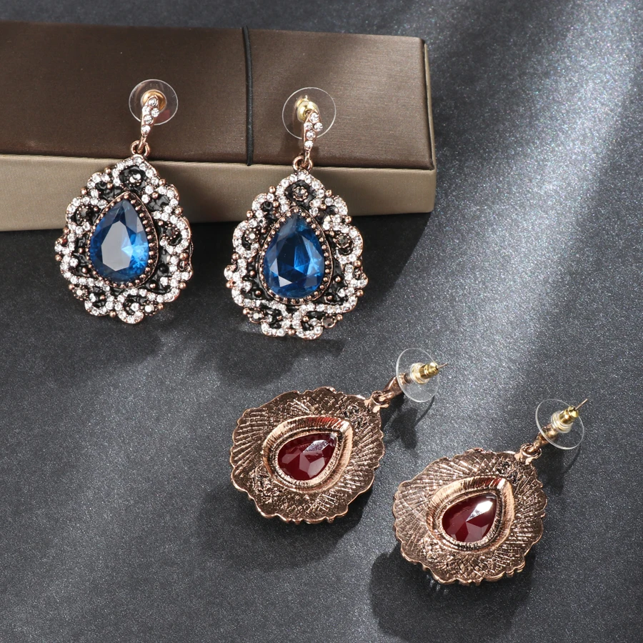 Fashion Bohemian Earrings For Women Black Enamel Crystal Blue Red Stone Drop Earings Vintage Antique Gold Wedding Jewelry