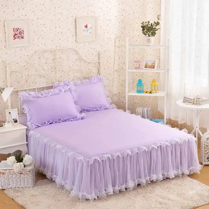 White Lace Ruffles Bedding Bed Skirt Pillowcases Princess Bedspread Solid Color Bedroom Mattress Cover Home Textile