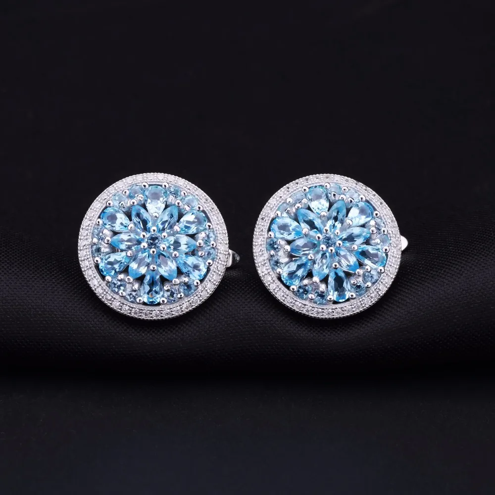 GEM\'S BALLET 11.05ct Round Natural Blue Topaz Gorgeous Jewelry Sets Pure 925 Sterling Silver Earrings Ring Set For Women Wedding