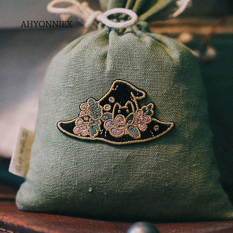 AHYONNIEX Embroidery Witch Magic Skull Cup Black Cat Patches For DIY Clothing Iron on Patch with Hot Melt Adhesive on The Back