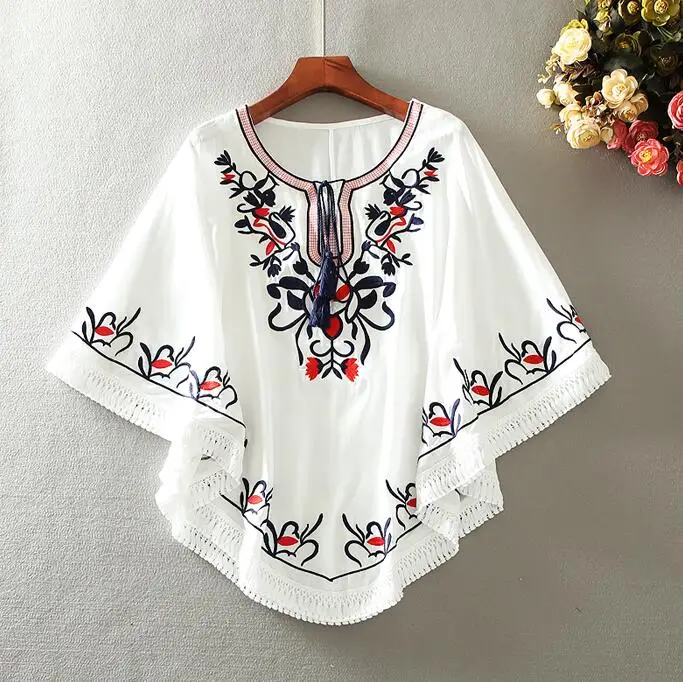 Vrouwen lente zomer vlinder mouw vintage borduurwerk katoenen shirt vrouwelijke toevallige losse chic shirt blouse tb104