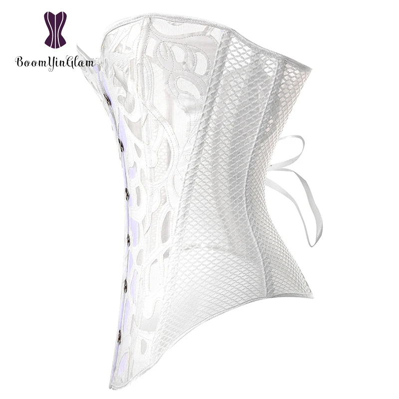 Wholesale White Hollow Out Sexy Corset Transparent Corselet Mesh Net Korsett With G String Plus Size S-XXXL 930#