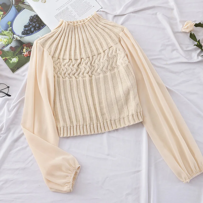 Herbst Frauen Rollkragen Pullover Strick Chiffon Patchwork Pullover Damen Bodenbildung Laterne Hülse Strickwaren Kurze Tops AB1135