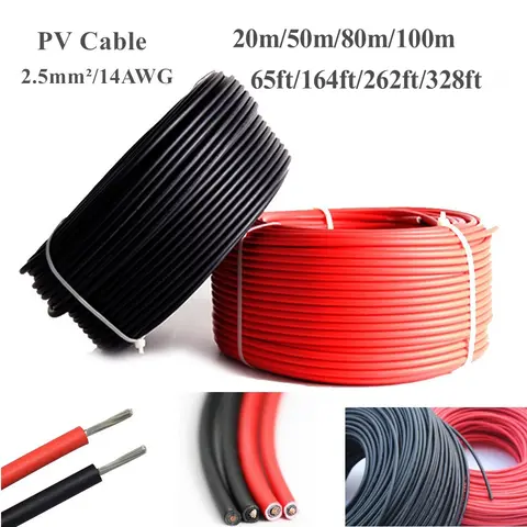 20m/50m/80m/100m 2.5mm/14AWG PV Power Solar Cable wire Copper conductor TUV Black + Red Cable 65ft/164ft/262ft/328ft