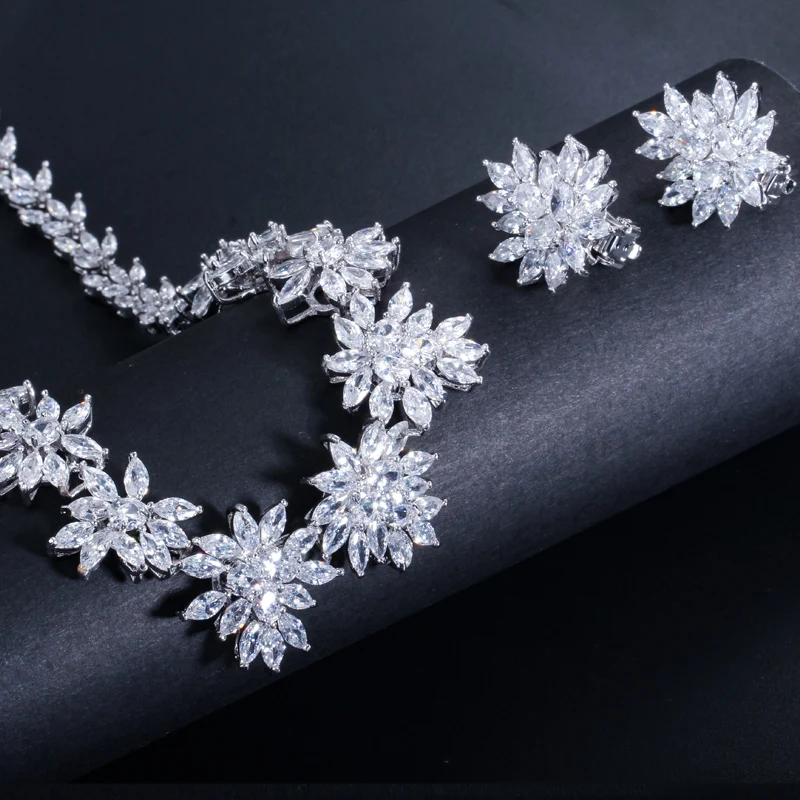 CWWZircons Luxury Cubic Zircon Flower Necklace and Clip on Earrings Sets for Wedding Bridal Party CZ Jewelry Accessories T149