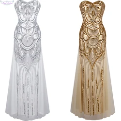 Angel-fashions Strapless Sequined A-line Tulle Lace up Long Evening Dresses vestidos de noche Golden Silver 186