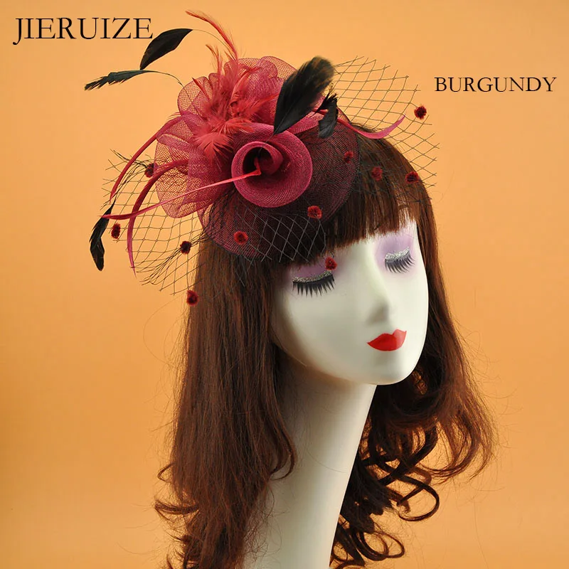 JIERUIZE-sombreros de plumas de Red para novia, gorros de boda de Red de jaula de pájaros, tocado nupcial, velos de cara, gorros de novia