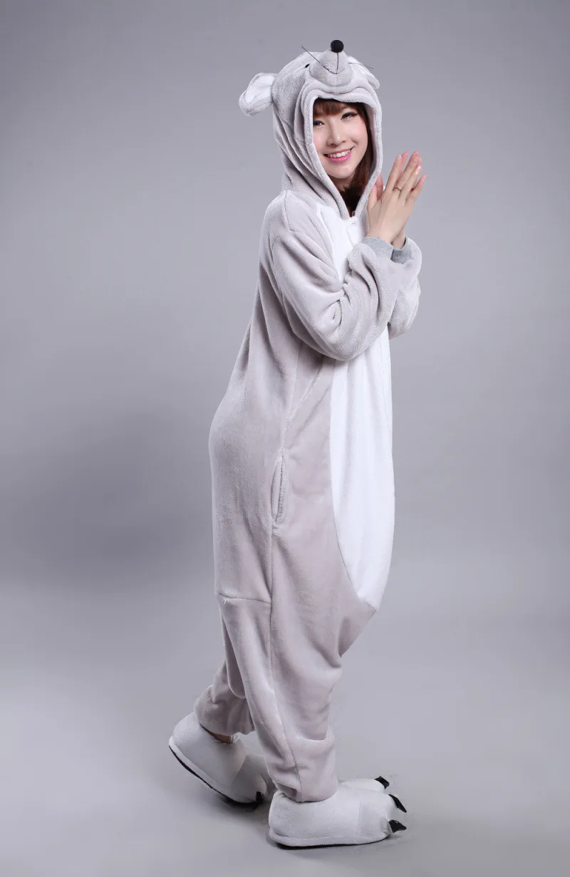 Volwassenen Flanel Kigurumi Animal Kostuum Grijs Rat Muizen Vrouwen Of Mannen Rompers Pajama Voor Halloween Carnaval Party