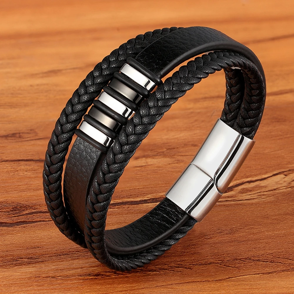 TYO Trendy Designer Stainless Steel Rope Woven Magnetic Genuine Leather Black Bracelet for Men Cross Braided Jewelry Accessories