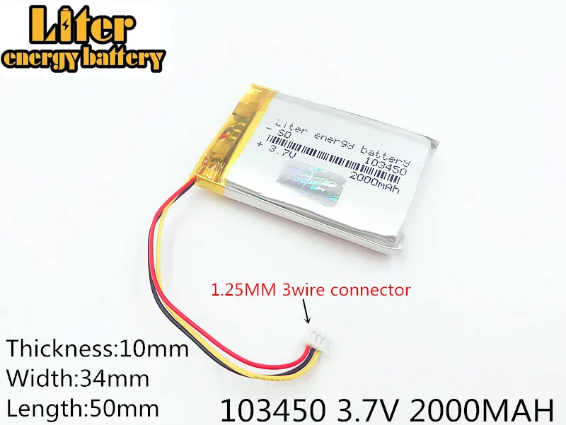 Złącze li-po 1.25mm 103450 3.7V 2000MAH lipo polimerowy akumulator litowy nawigacja gps rejestrator DVD zestaw słuchawkowy e-book