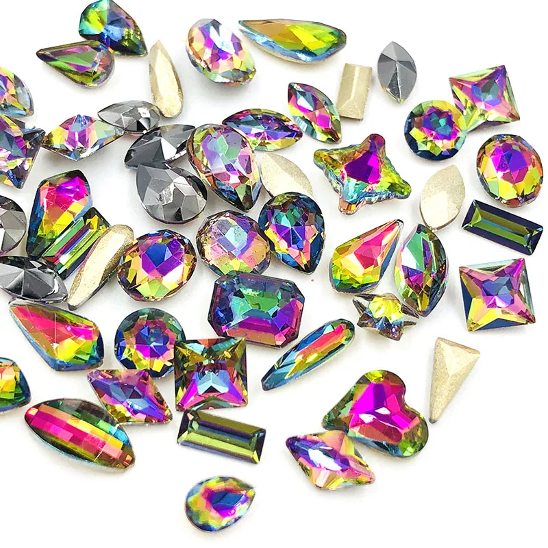 Free shipping Flame color pointback glass crystal non hotfix rhinestones for nail decorations Mixed shape Mixed size 20pcs/50pcs