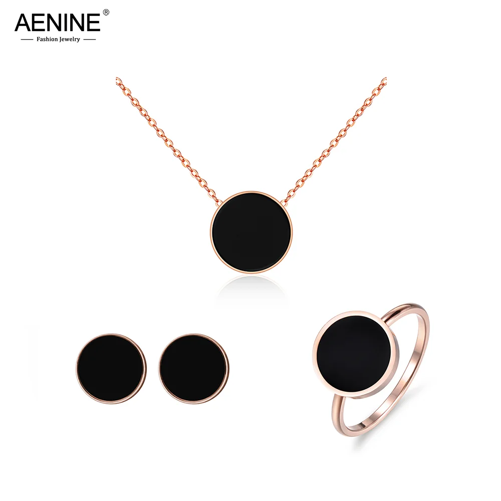 AENINE Black Acrylic Titanium Steel Chokers Necklaces Chain Link Bracelets Stud Earrings Rings Sets Wedding Jewelry ASE001