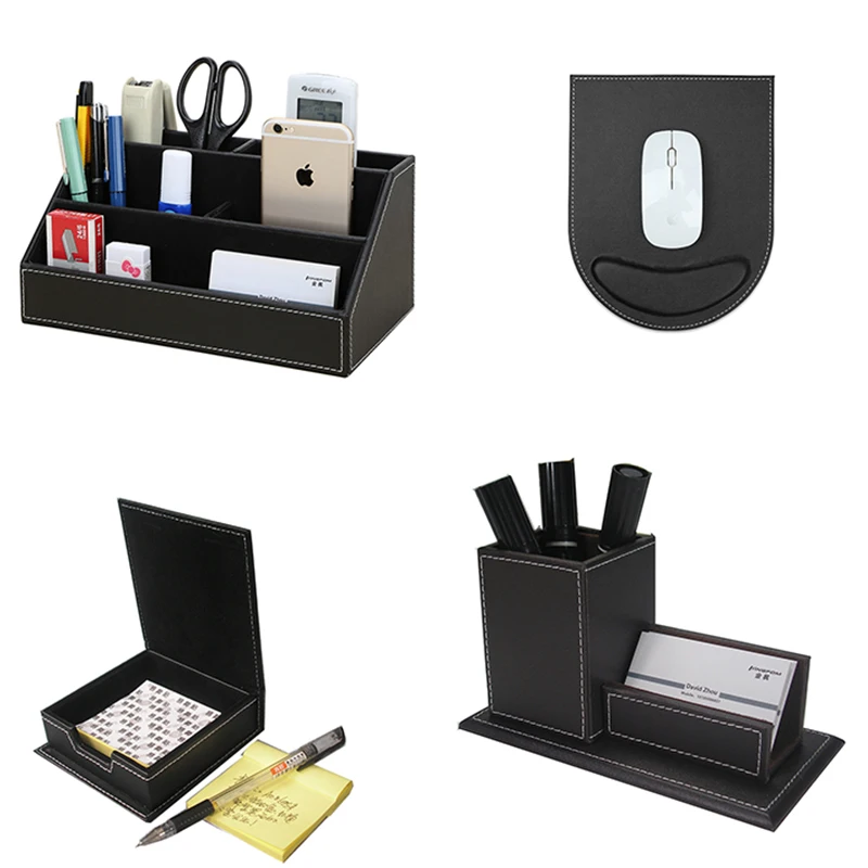 Home Office Desk Storage Box Desk Stationery Organizer Set PU Leather Pen Holder Mouse Pad Name Card Holder Memo Paper Case