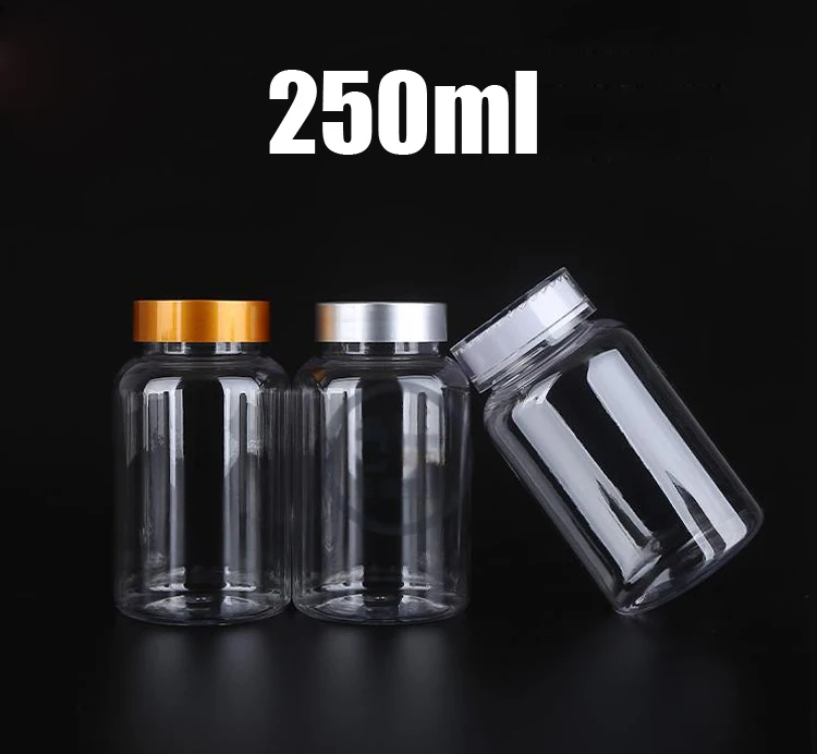 20PCS 250ml Transparente PET Pillen/Pulver/Tabletten/Vatimins/Kapseln Flaschen mit Kind-beweis goldene/Silber Farbe Caps & Dichtungen