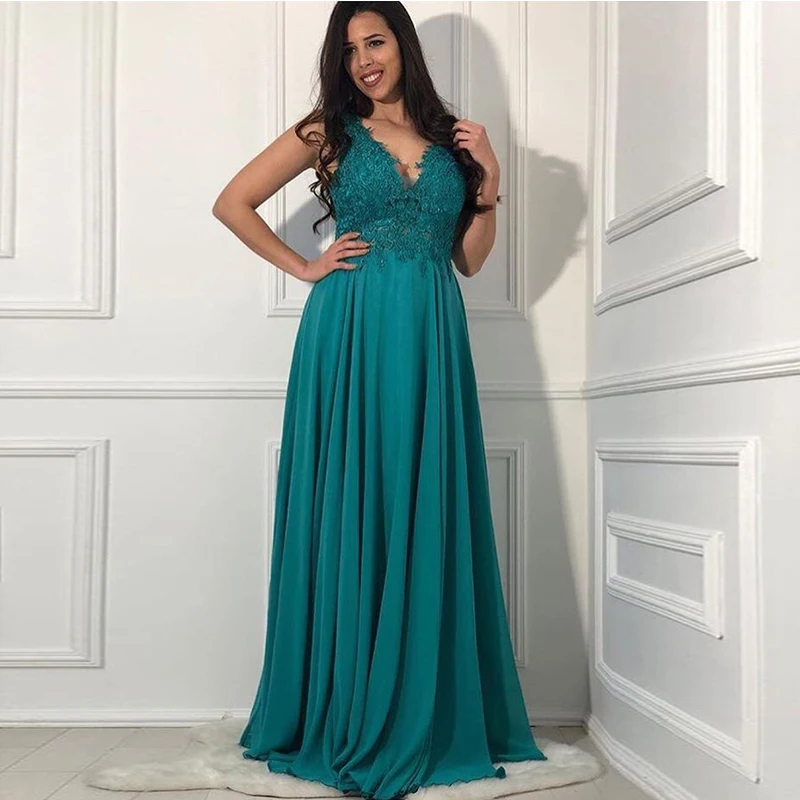 Robe De soirée Turquoise, col en v, sans manches, longue Robe De bal, ligne a, pour femmes