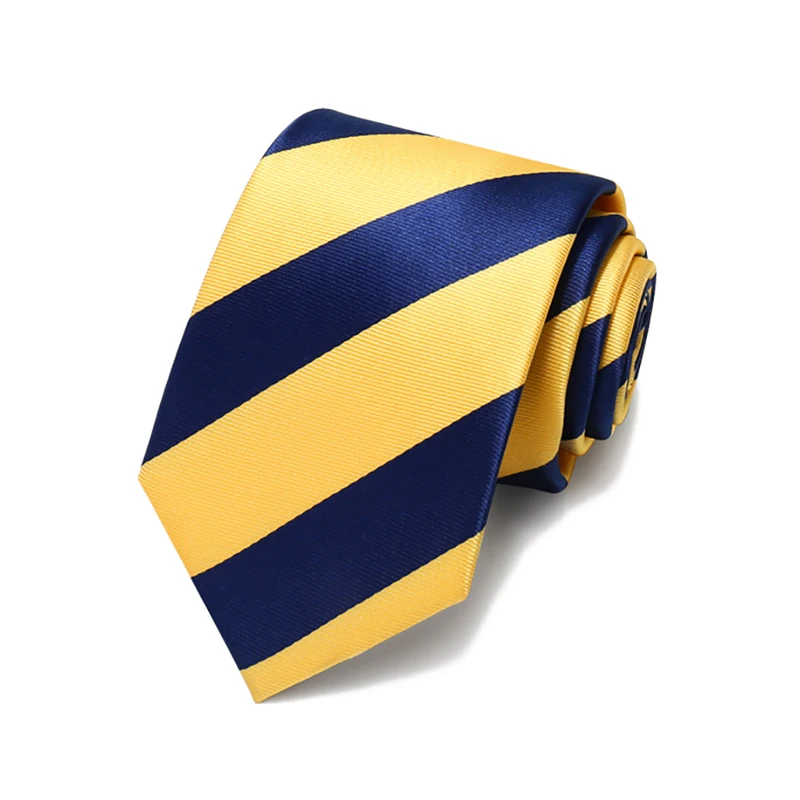 2024 New Fashion Casual Yellow and Navy Blue Striped Ties For Men 7cm Standard Necktie Wedding Party  Cravat  with Gift