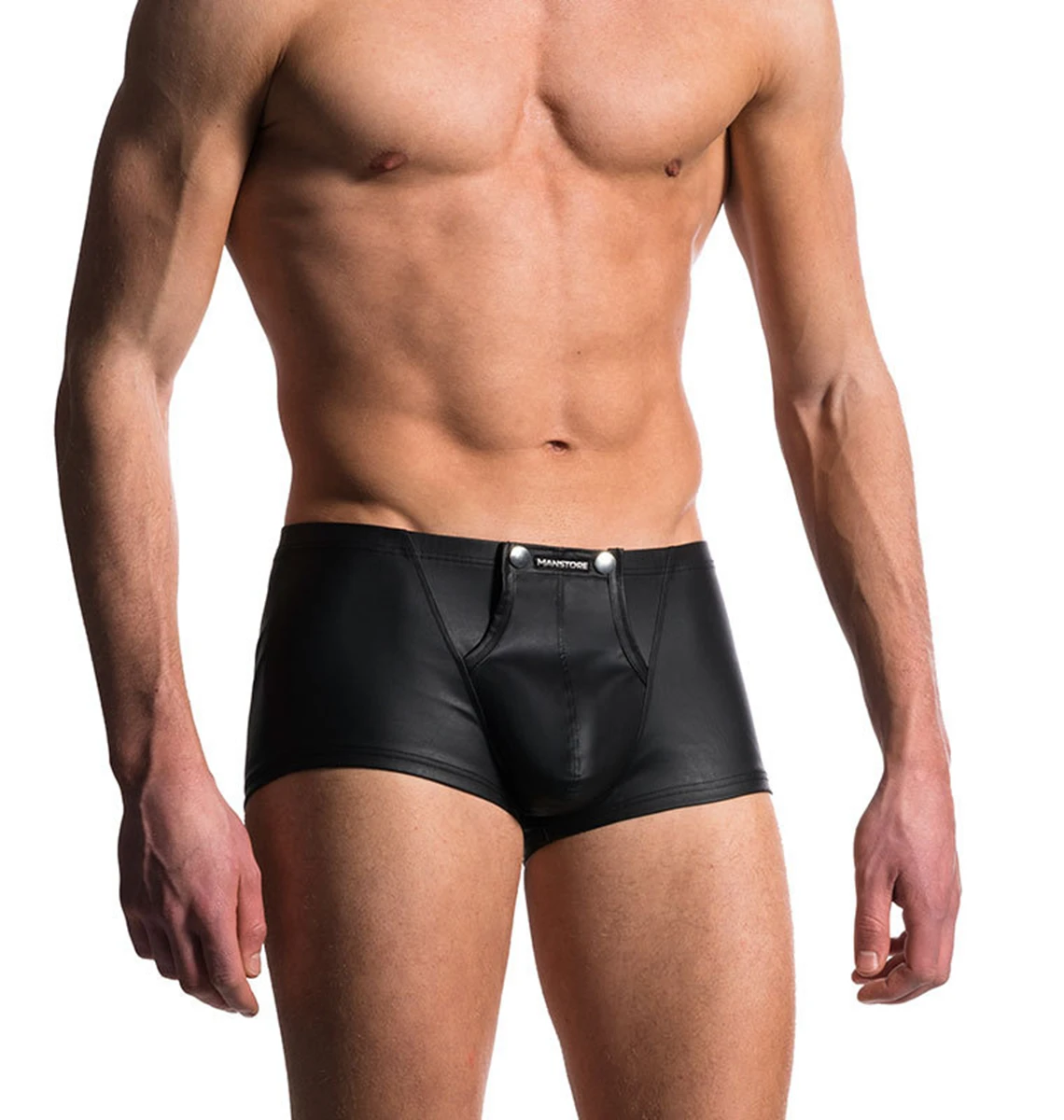 Boxers sexy de crotch aberto para homens, lingerie de couro falso, bolsa convexa em U, shorts pretos, roupas íntimas masculinas gays, palco