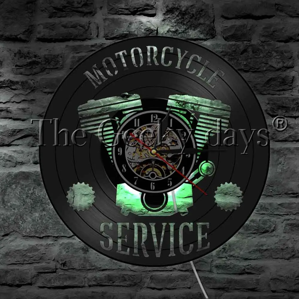 

Motorcycle Service Business Sign LED Table Lamp Motorbike Repair Workshop Vinyl Record Wall Clock Garage Decor Sleep Lamp