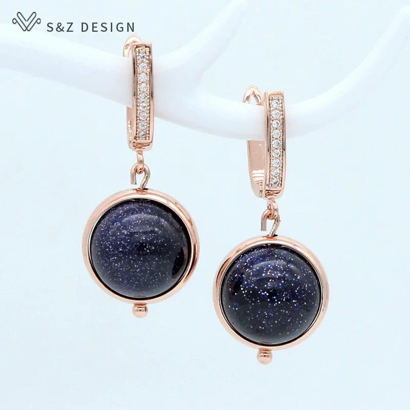 S&Z DESIGN New Trendy Zircon Natural Golden Sand Stone Drop Earrings For Women Fine 585 Rose Gold Color Fashion Jewelry