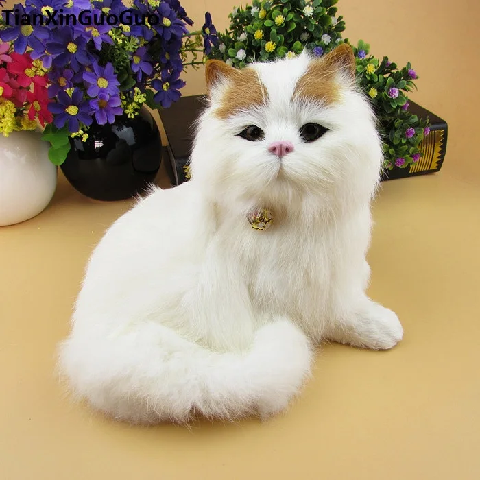 large 18x17x17cm white squatting cat with bell hard model polyethylene&furs cat prop,home decoration toy gift s1807