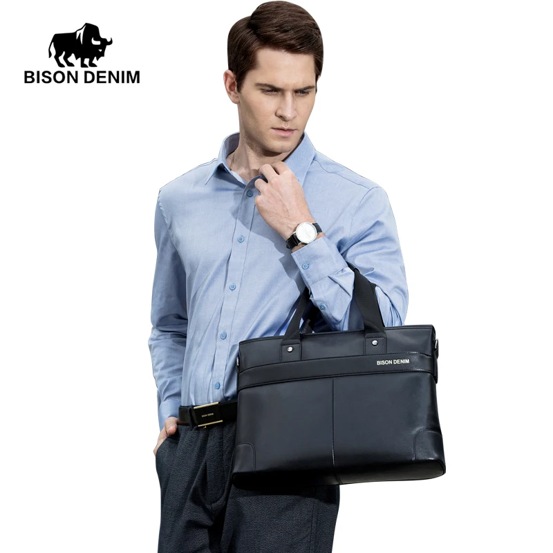 BISON DENIM-maletín de cuero de vaca para hombre, bolsa de viaje de negocios para ordenador portátil, bolso de hombro informal, bandolera, N2195-1