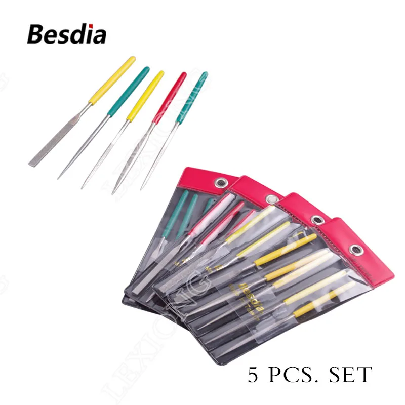 Taiwan Besdia Diamond Needle Files 3*140MM 5 PCS. SET Round Half-round Flat Square Triangle