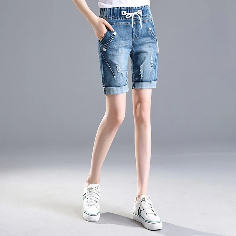 OHRYIYIE Large Size 6XL High Waist Denim Shorts Women 2023 New Summer Elastic Waist Jeans Shorts Femme Loose Hole Curling Shorts