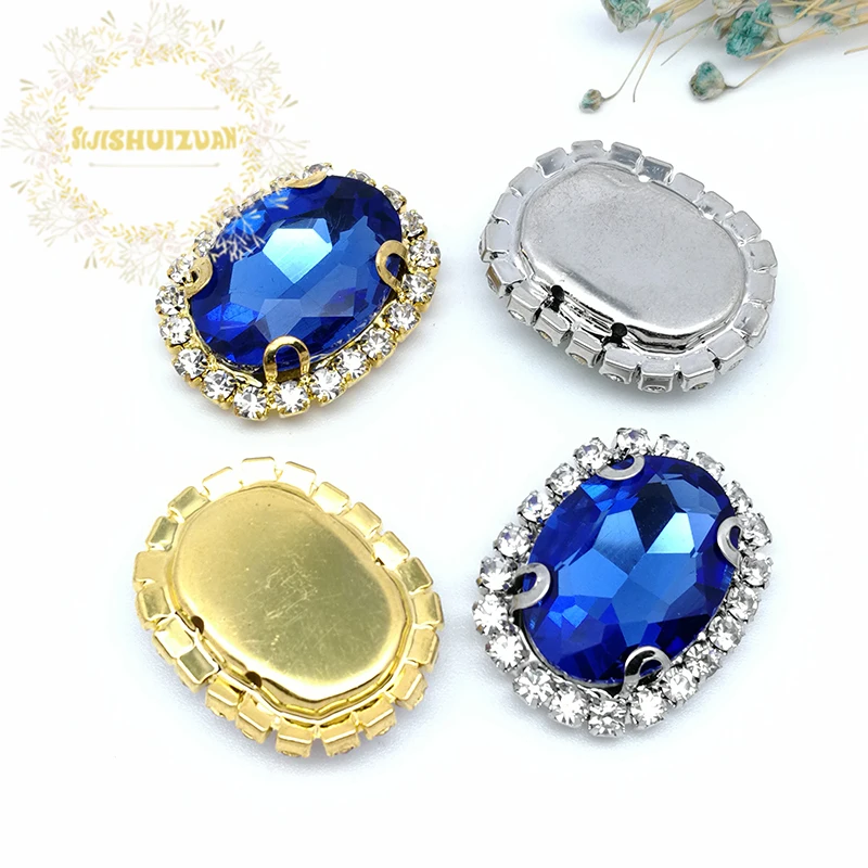 Shiny Light Sapphire Oval Shape Glass Crystal Sew On Rhinestones Gold/Silver Bottom With Crystal Buckle Diy Wedding Dresss