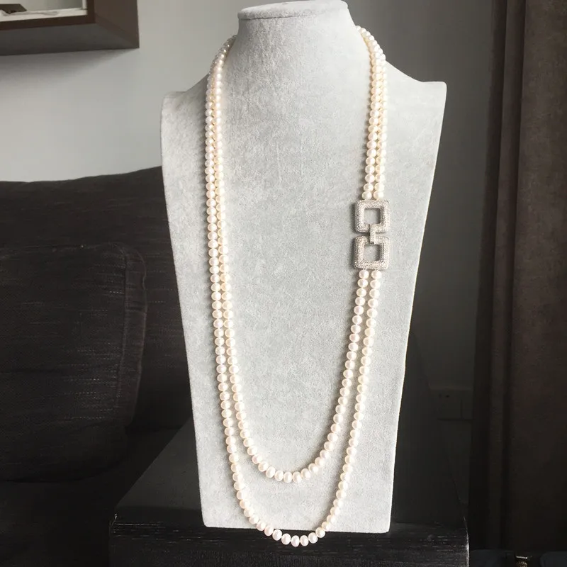 925 Sterling  real Permanent natural Taihu freshwater pearl necklace nearly round 7-8mm 2row Length 31-35inch