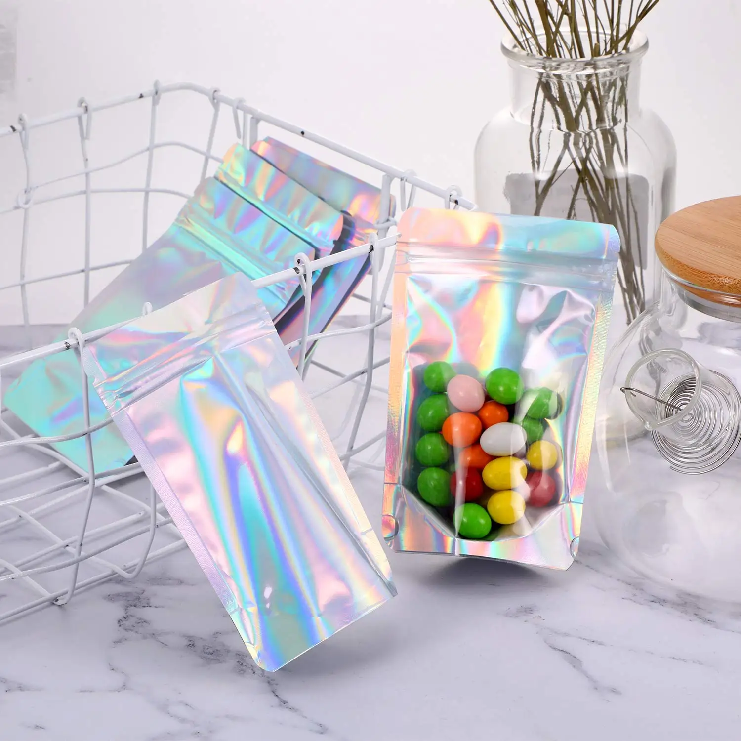 50pcs Laser Aluminum Foil Mylar Zip Lock Pouch Clear Hologram Rainbow Stand Up Zip Lock Plastic Packaging Bag with Tear Notch