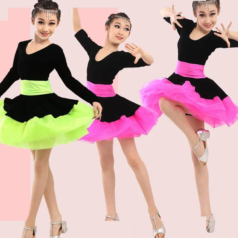 Professional Girl Long Sleeves Latin Dance Dress Children Ballroom Dancing Dress Kids Salsa Rumba Cha Cha Tango Stage Dress Wear