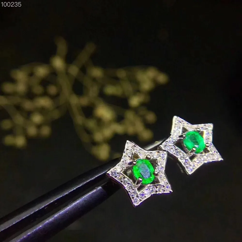 Star Style  Natural emerald earring Free shipping Real original emerald 925 sterling silver Gem 4*5mm 2pcs