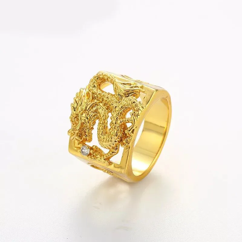 MxGxFam Dragon Rings For Masculine Men 24 k Pure Gold Color China Mascot National Style jewelry 9/10/11/12 (US)