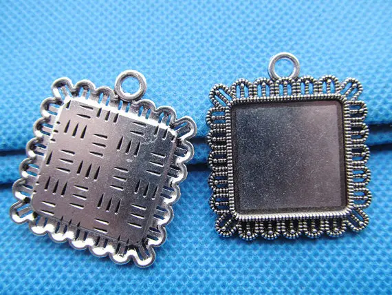 10pcs Antique Silver tone/Antique Bronze Lace Border Base Setting Tray Bezel Pendant Charm,fit 20mm Square Cabochon/Cameo