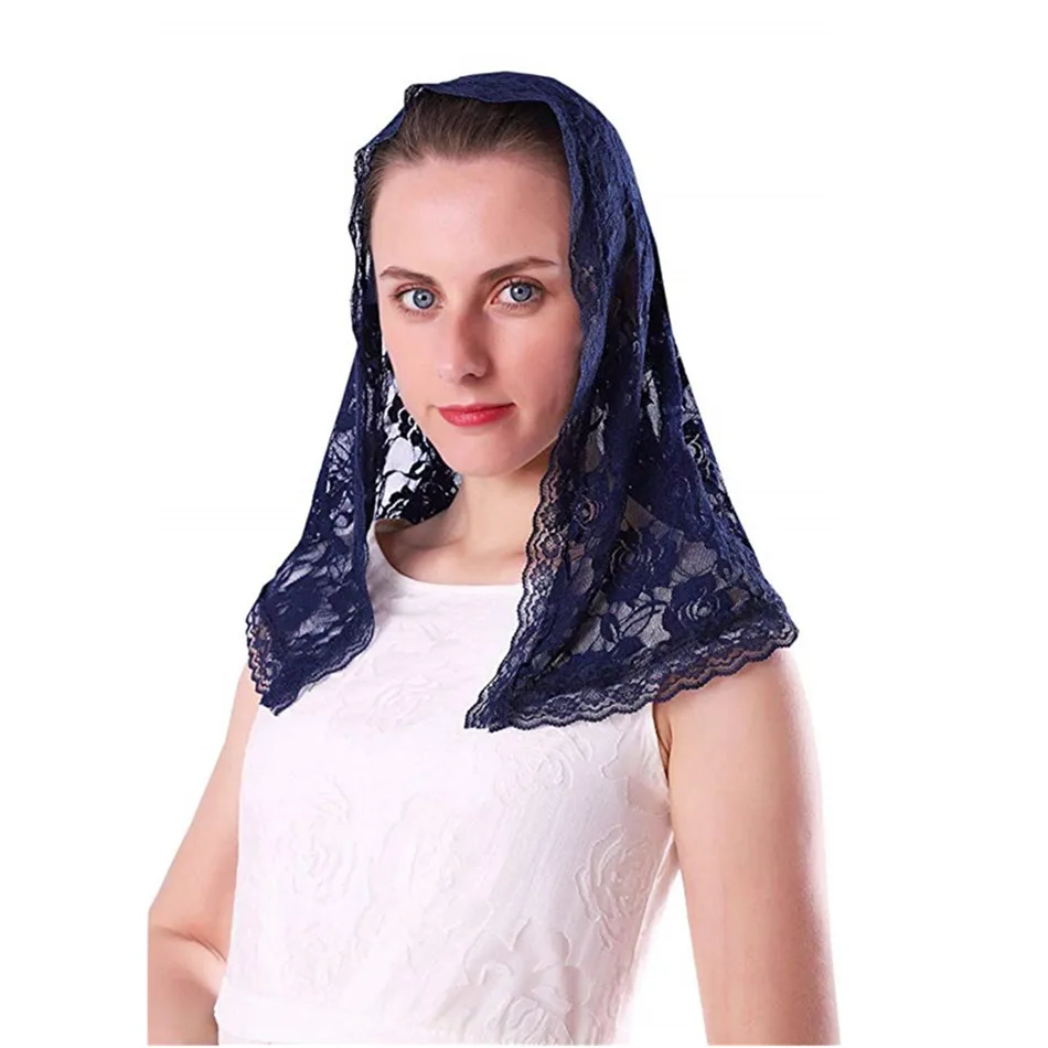 Granatowy niebieska koronka welon Mantilla dla kościoła katolicki łaciński masowy nakrycie głowy Vela mantilla negra Voile Dentelle Vela negra Mantilla