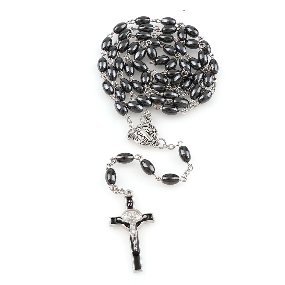 Oval Hematite Bead Catholic Rosary Pendant Necklace Alloy Cross Jesus Cross Pendant Benedict Connectors Religious Necklaces