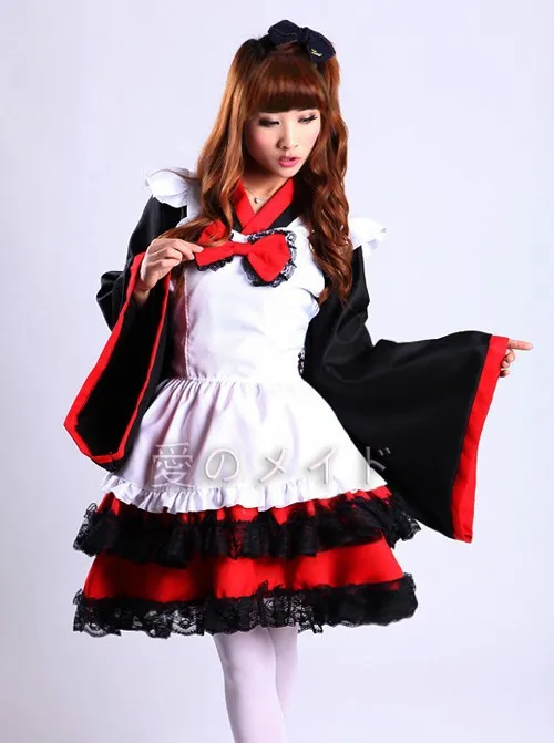 Lolita Sweet Furisode Kimono Maid Apron Dress Outfit Anime Cosplay Costumes