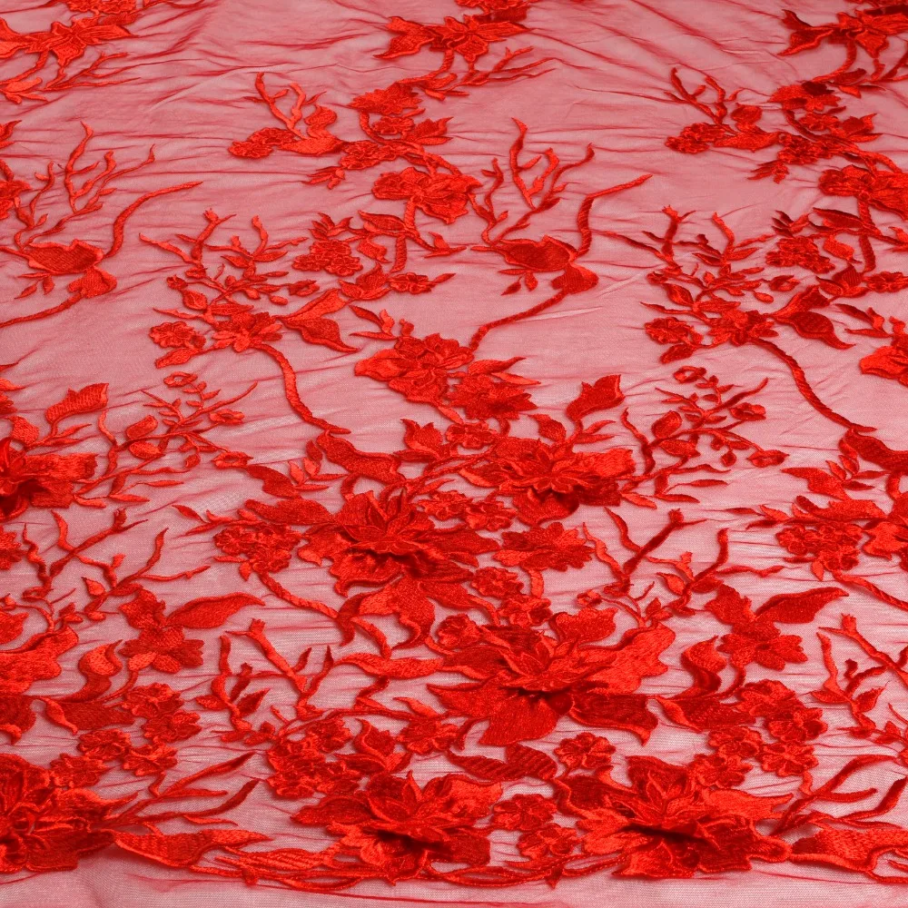 Hot popular red off white pink heavy polyester 3d flower on tulle lace fabric stage performance evening dress lace fabric 1yard