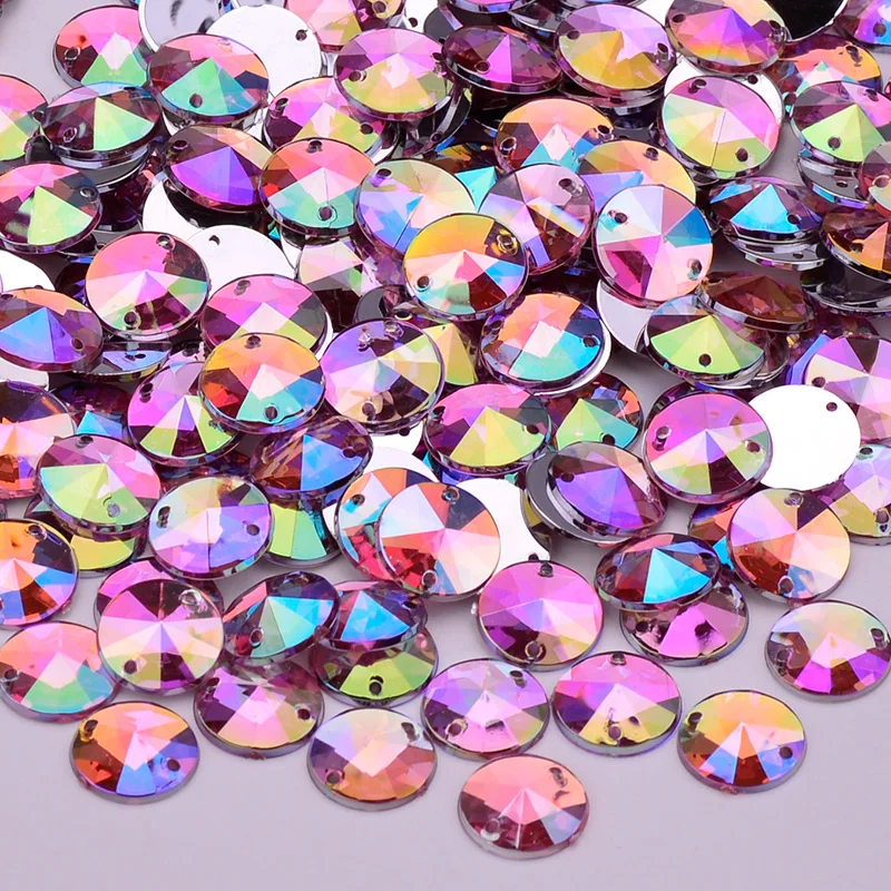 JUNAO 10mm 500pcs Sew On Rhinestone Black AB Crystals Flat Back Strass Acrylic Gems Sewing Crystal Stones Round Rivoli Beads