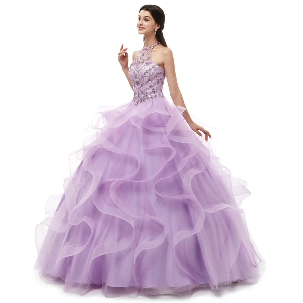 Vestidos de 15 años 2019 Sweet 15 suknie Lilac Quinceanera sukienki Halter Neck suknia sukienka na studniówkę spódnica z falbanami prawdziwe zdjęcia