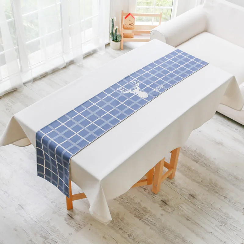 Mediterranean Nordic Chequered Table Flag Cotton and linen tablecloth Elk Decorative Cloth Christmas Table Runner Table Towel