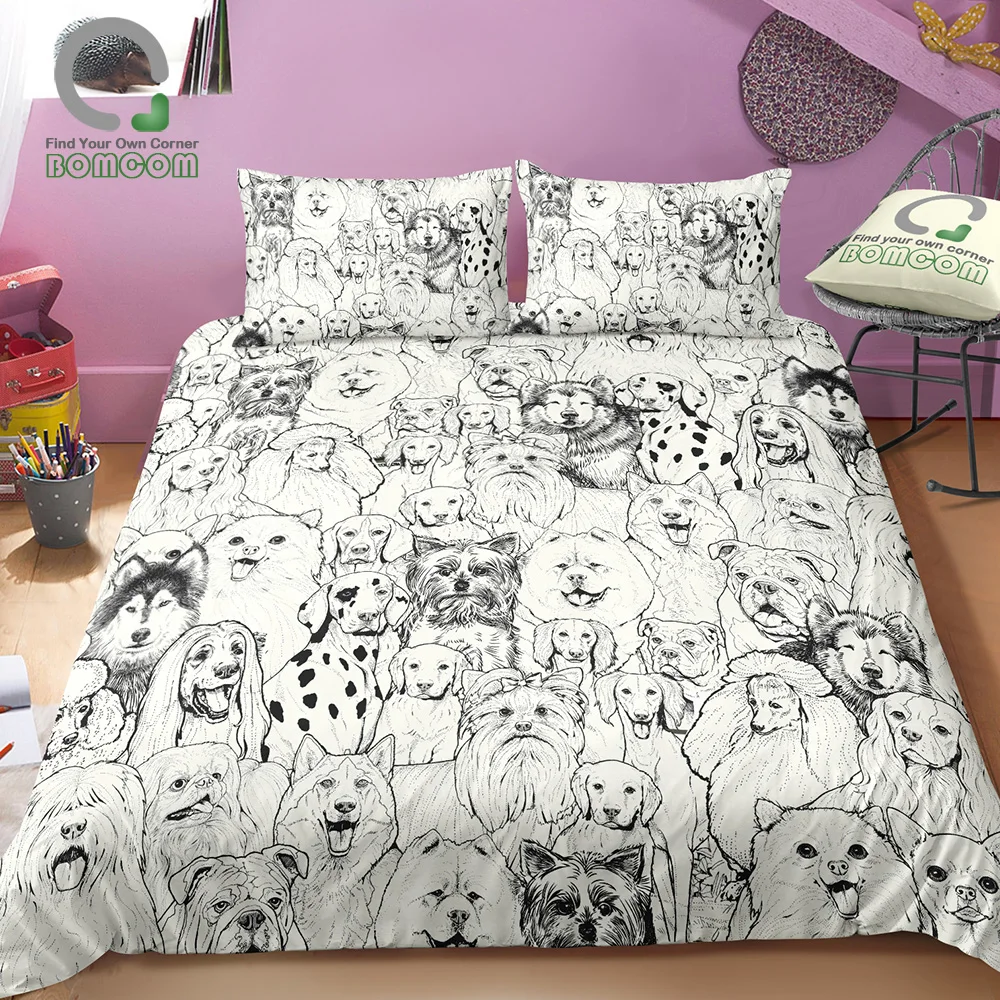 

BOMCOM 3D Digital Printing Hand Drawn Sketch Dog Illustration Line Art 3-Piece Duvet Cover Sets 100% Microfiber Ivory