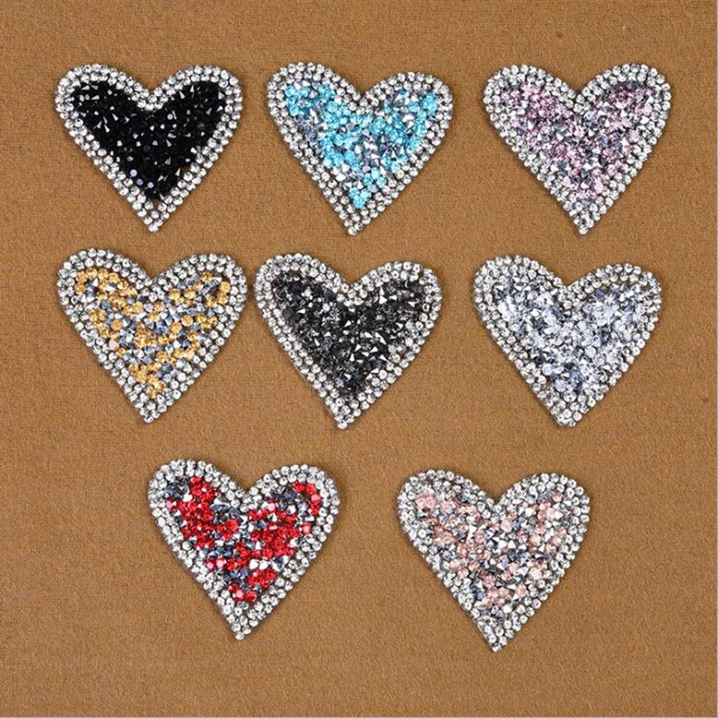 Love Heart Hotfix Rhinestone Motif Iron On Patch Sewing On Embroidered Applique Patch Clothes Stickers DIY Apparel Accessories