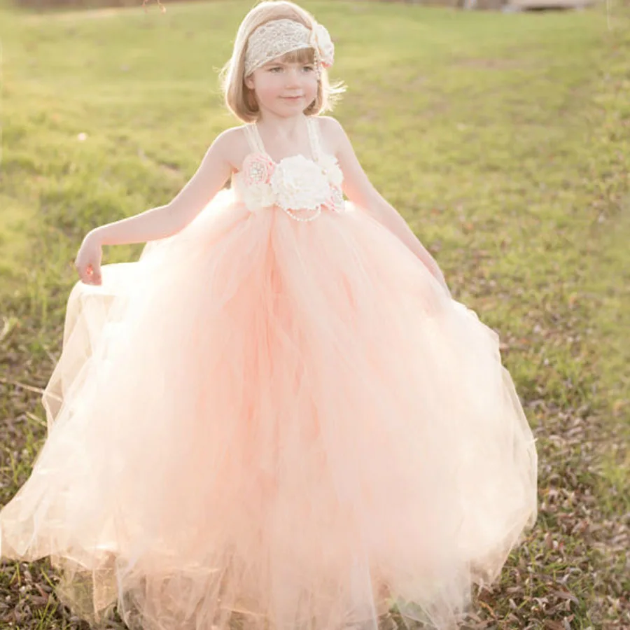 Peach and Ivory Flower Girl Dress Kids Lace Tutu Dress Christmas Wedding Birthday Party Pageants Photo Clothing TS082