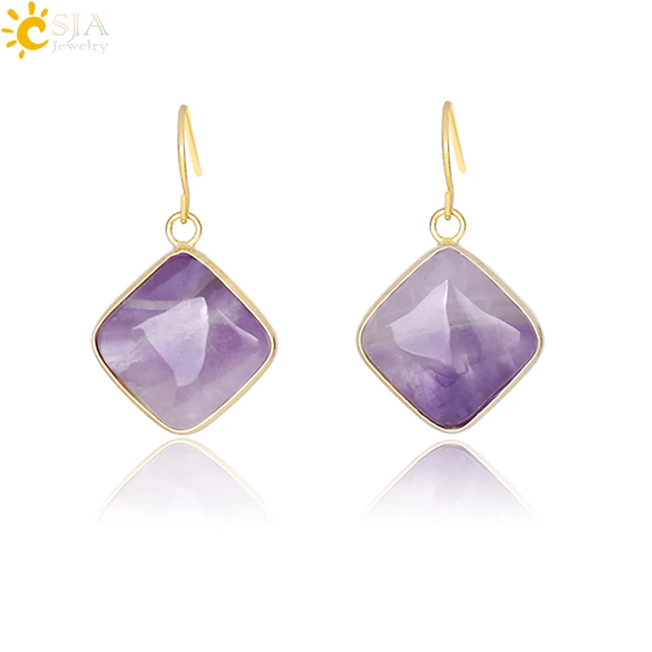 CSJA New Arrival Fashion Square Natural Stone Earrings for Women Gold Color Hook Dangle Eardrop Quartz Geometric Earring F330