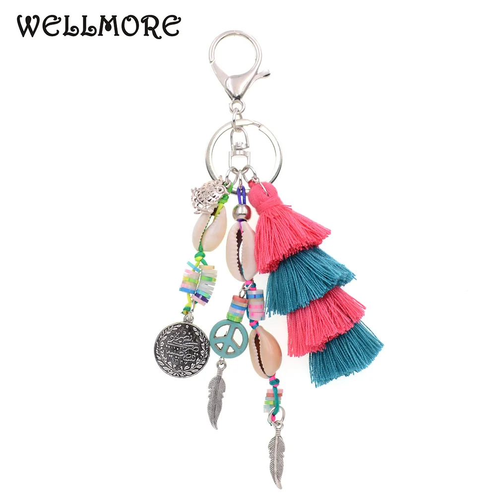 WELLMORE new handmade shell with long tassel alloy Key Chain For Women Girl Bag Keychain