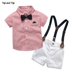 Baby Boy Gentleman Clothes Set Summer Suit For Toddler Striped Shirt with Bow Tie+Suspenders White Shorts Formal Boys Clothes